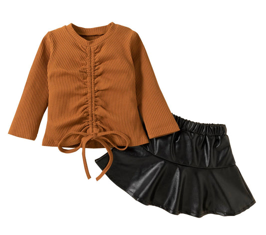 Brown Drawstring Ribbed Girl Blouse & Black Skirt