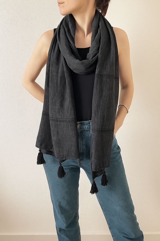 Black Plaid Garment Dye Cotton Scarf with Tassels