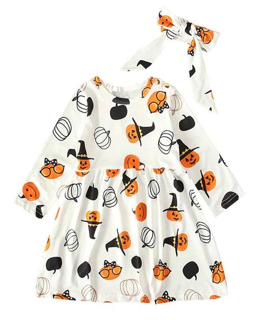 Baby Girl Witch Pumpkin Print Cotton White Dress & Headband