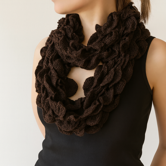 Chocolate Brown Ruffle Knit Infinity Loop Scarf