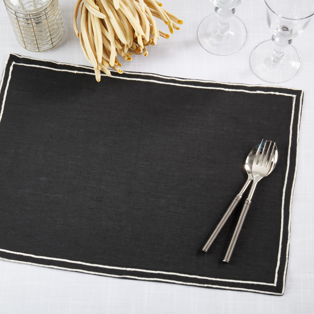 7024 - Black Embroidered Double Line Pure Linen 14"x 20" Placemat