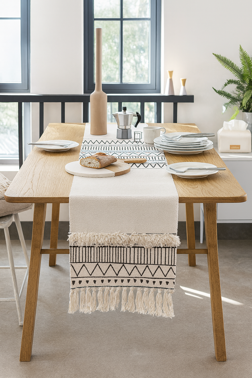 RNR0002 - Ivory Boho Tribal Textured Table Runner with Tassels