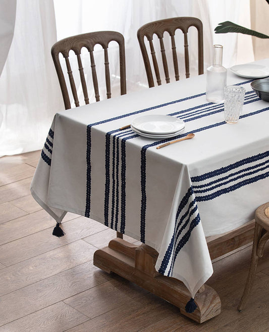 Classic Chain Print Cotton Tasseled Tablecloth