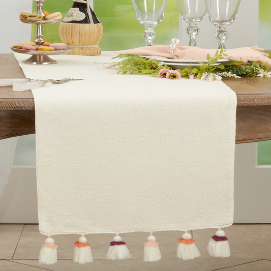 3530 - Multicolor Tassels Ivory Cotton 16"x72" Table Runner