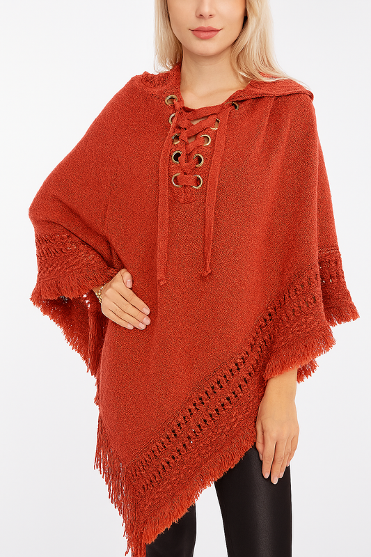 Terracotta Fringed Lace Up Hooded Pullover Poncho