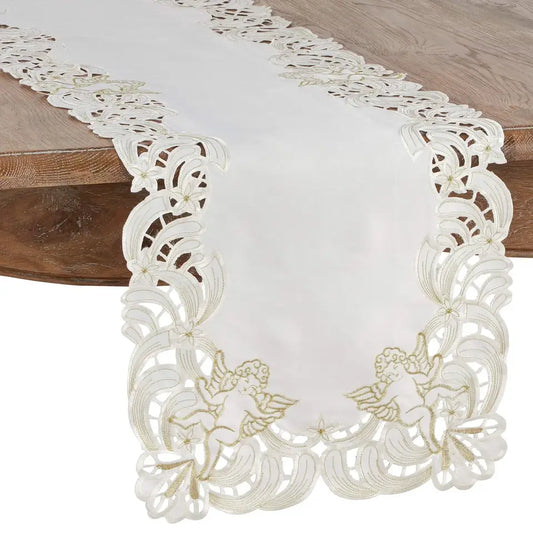 0932 - Ivory Embroidered Cutwork Acacia Rose Table Runner – 16"x72"