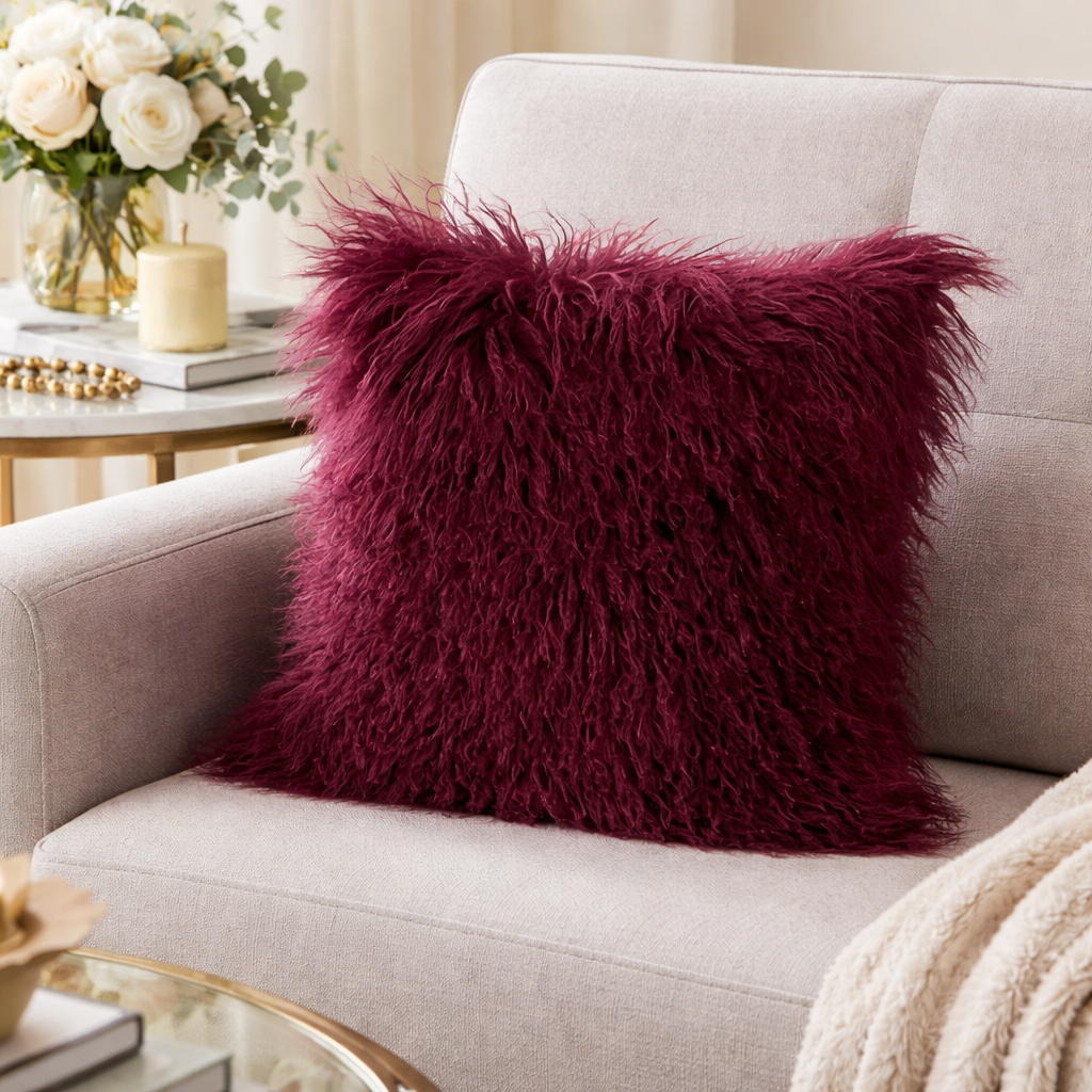 3564 - 16" Eggplant Purple Mongolian Lamb Fur Throw Pillow