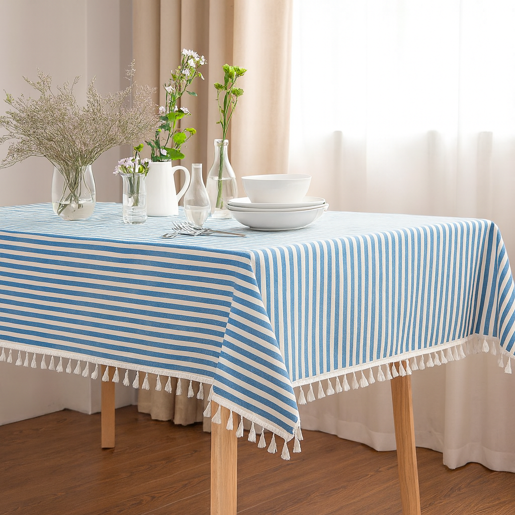 TBL0019 - French Blue Simply Striped Tasseled Cotton Blend Tablecloth