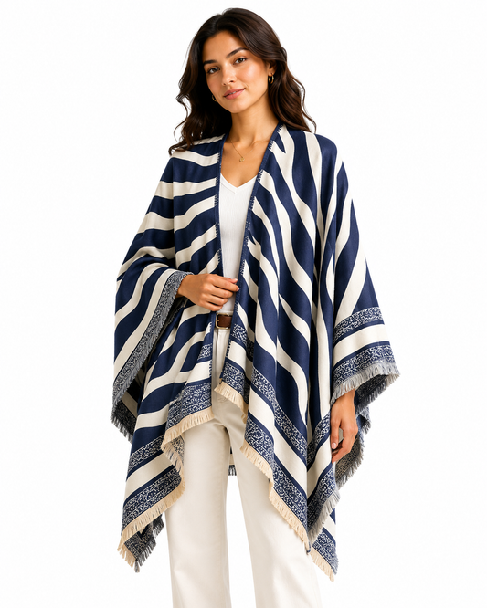 Navy Blue Zebra Cashmere-Feel Fringe Poncho Wrap
