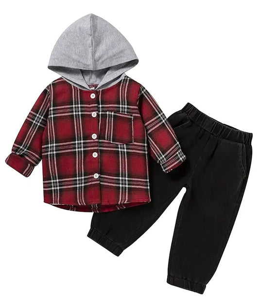 Burgundy Plaid Hooded Toddler 2-Piece Outfit
