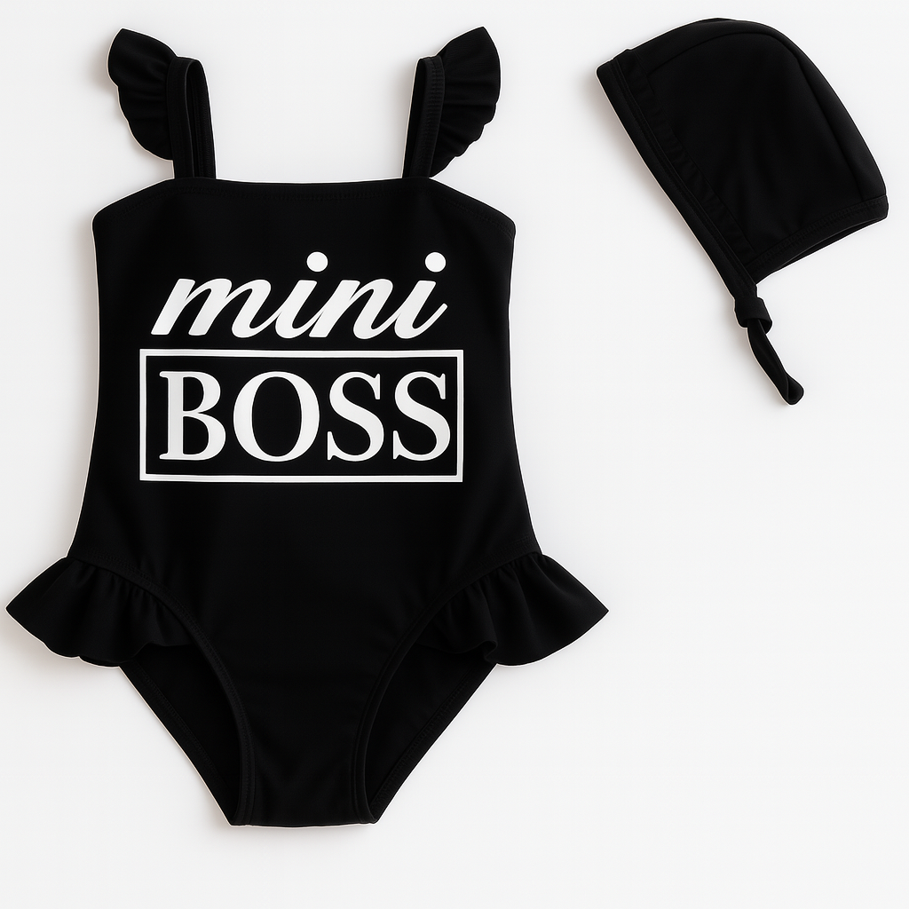 Black Mini Boss Print Girl One-Piece Swimsuit & Hat