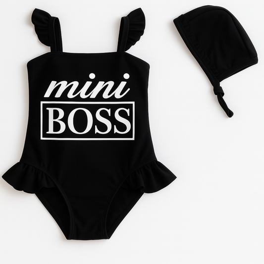 Black Mini Boss Print Girl One-Piece Swimsuit & Hat