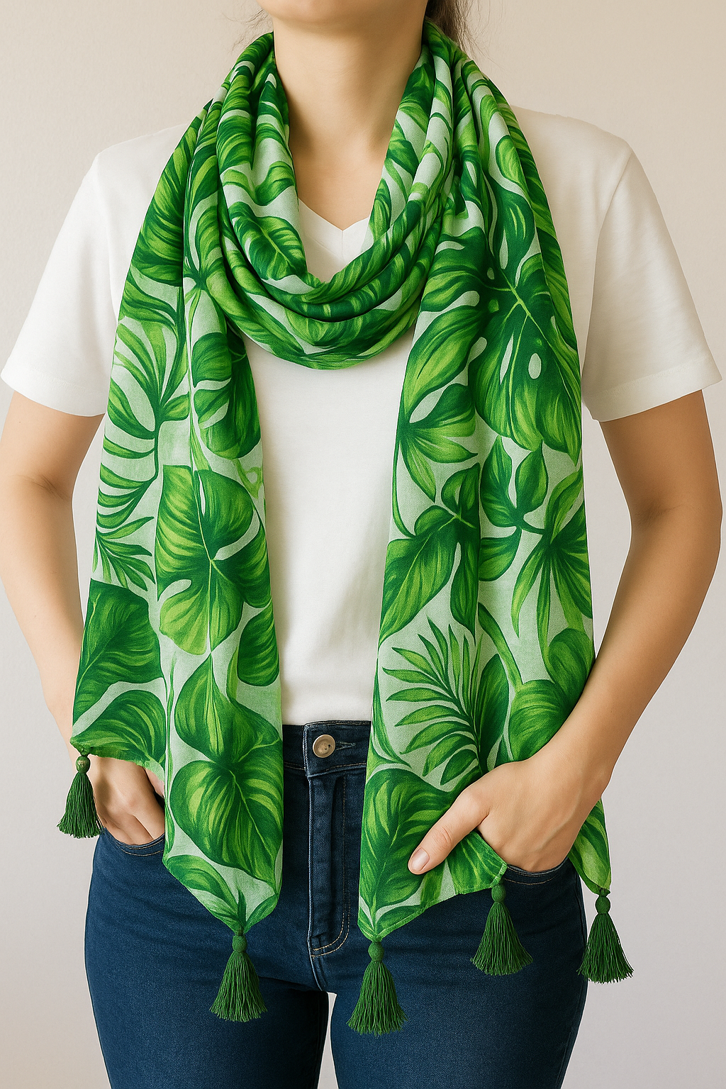 Green Tropical Leaf Soft Wrap Scarf with Tassels