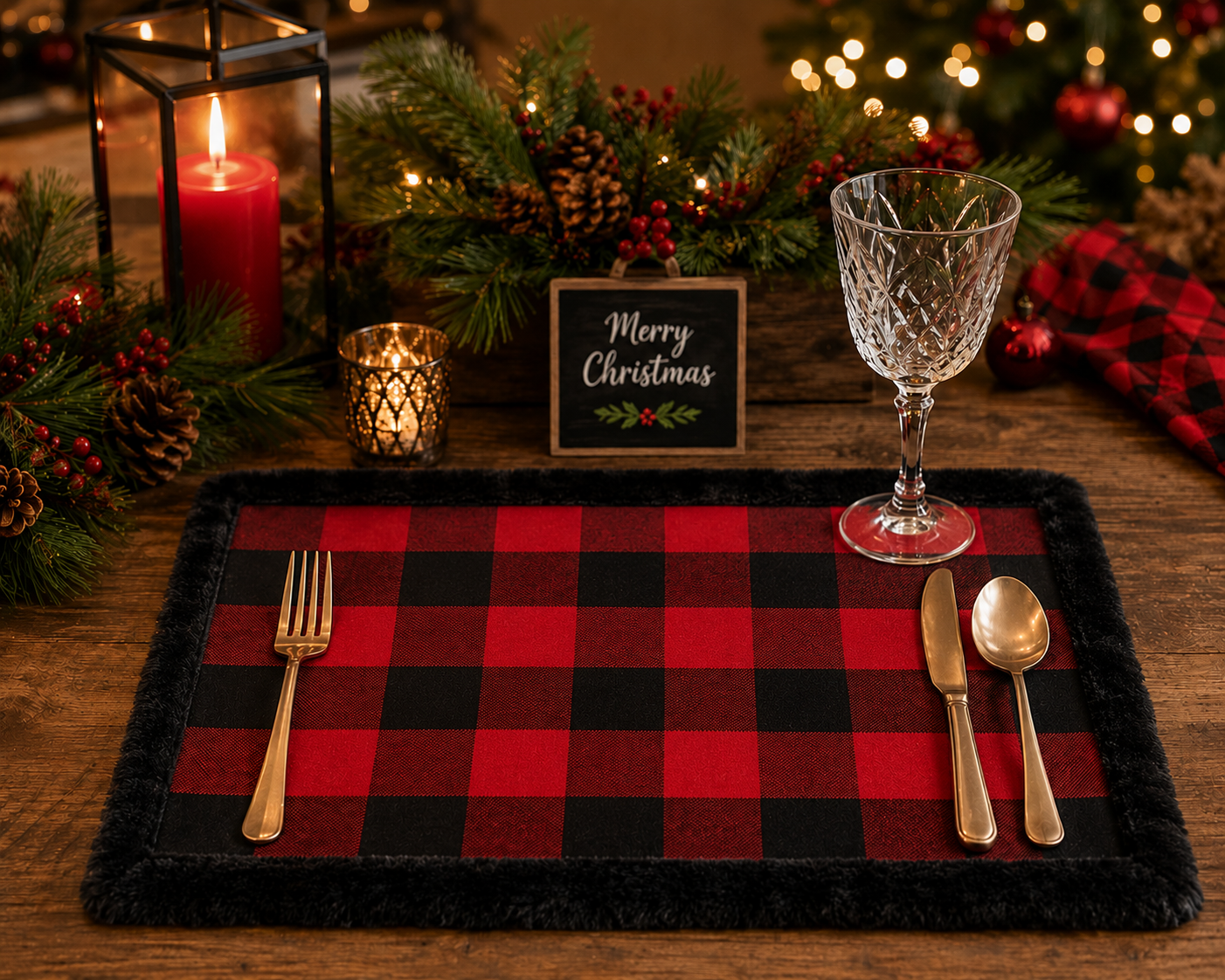 Red & Black Buffalo Check Faux Fur 13x19 Placemat