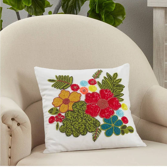 3620 - Embroidered & Beaded Flower Cotton 16" Throw Pillow