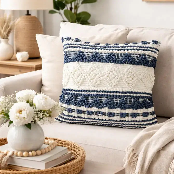 Blue and White Hand-Woven Coastal-Bohemian 18" Throw Pillow