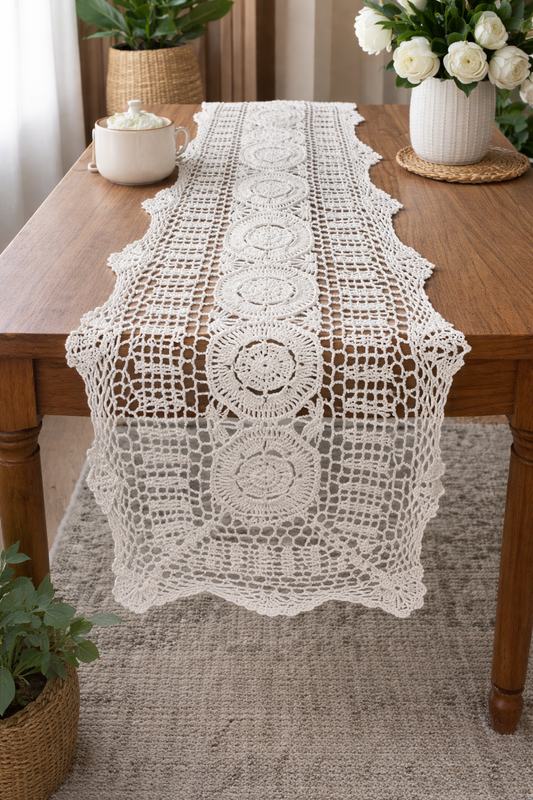 White Handmade Cotton Crochet Lace Table Runner
