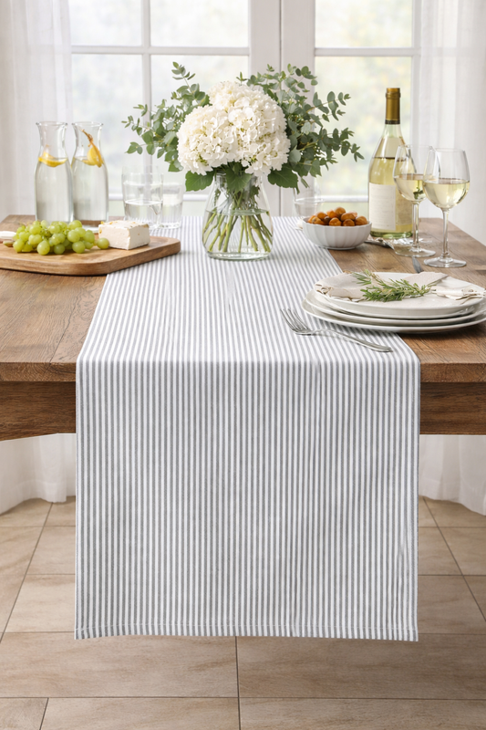 Grey Ticking Striped Thin Cotton Table Runner