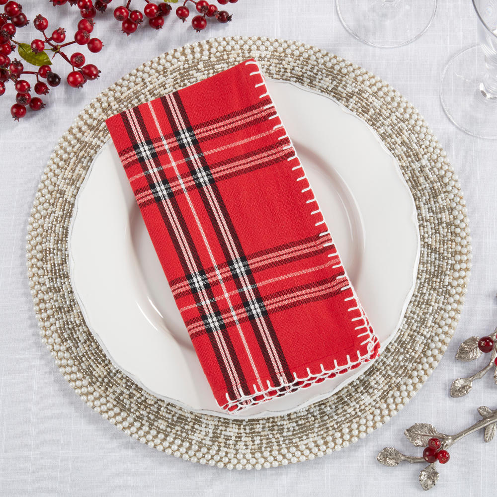 1114 - Red Plaid Whipstitch Cotton 20" Dinner Napkin