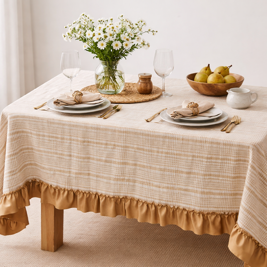 Beige Checkered Tablecloth with Ruffled Hem