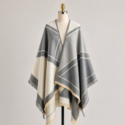 Gray & Ivory Cashmere-Feel Geometric Shawl Wrap Poncho