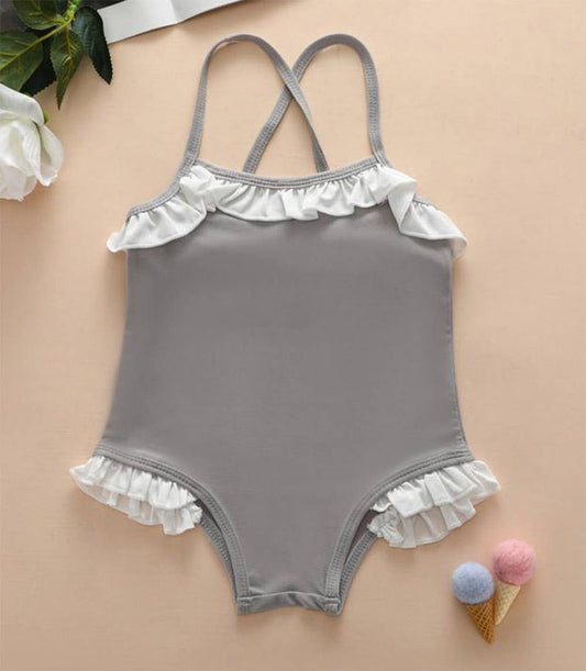 Gray Girls' Ruffle Trim One-Piece Swimsuit