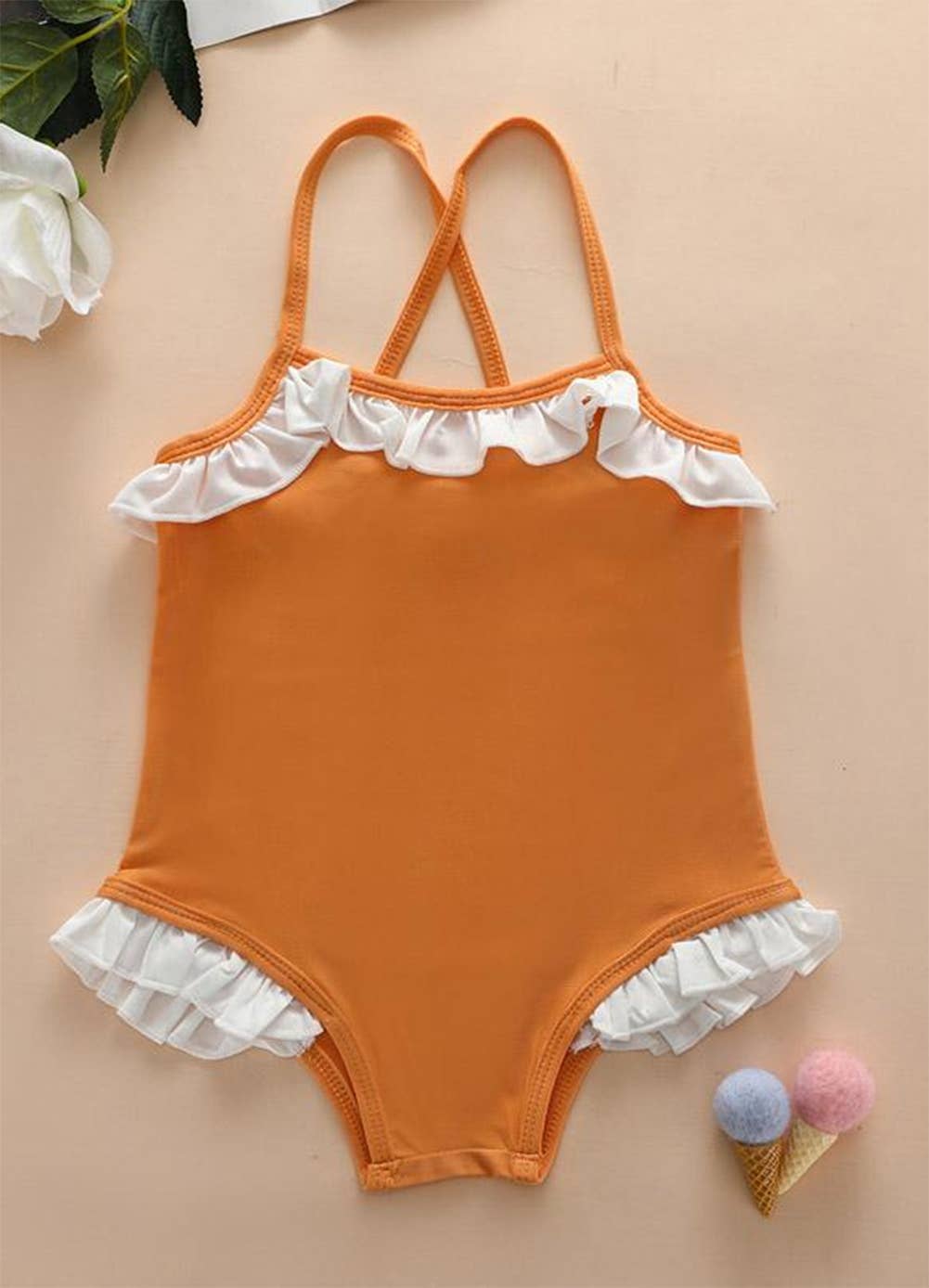 Terracotta Girls' Ruffle Trim One-Piece Swimsuit