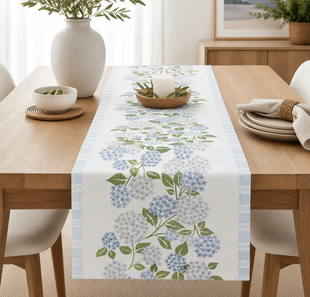 Blue Hydrangea Reversible Cotton Table Runner - 14"x72"