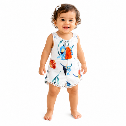 Flower Tasseled White Baby Sunsuit