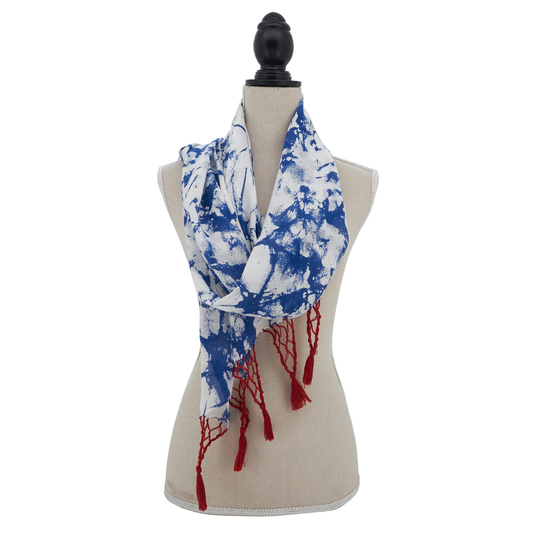 Blue Tie Dye Red Tassel Scarf
