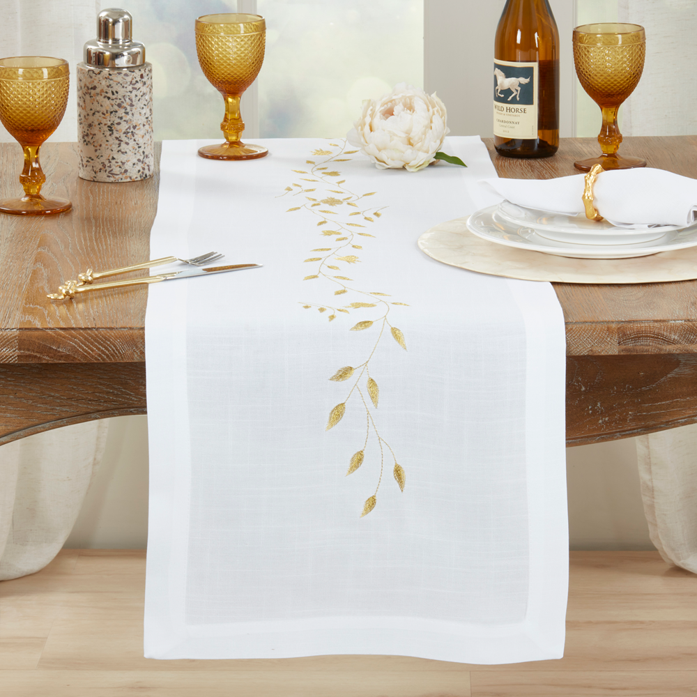1116 - Gold Embroidered Pomegranate 16"x72" White Table Runner