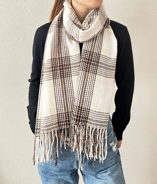 Brown Classic Plaid Cashmere Wrap Scarf with Fringe