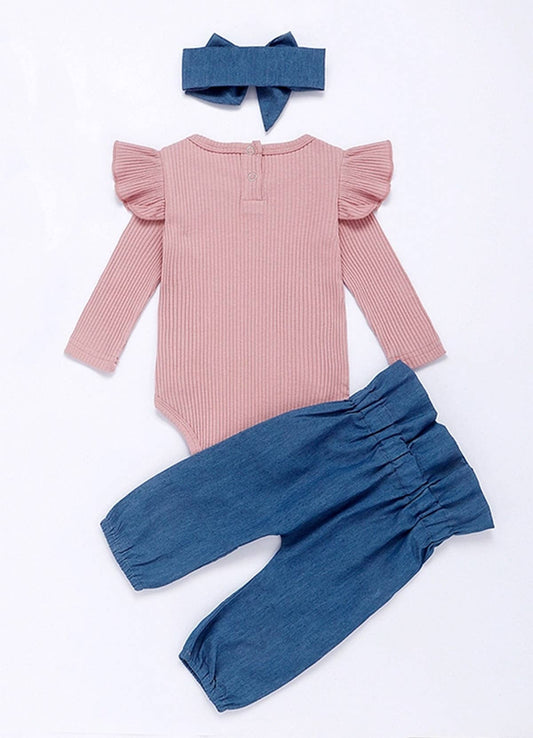 Pink Ruffle Long Sleeve Baby Top, Blue Pants & Headband