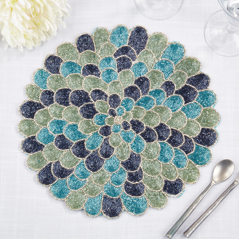 8110 - Blue Beaded Peacock 14" Round Placemat