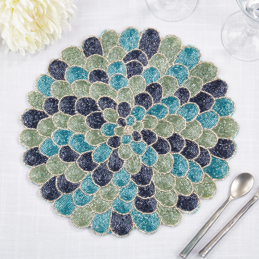 8110 - Blue Beaded Peacock 14" Round Placemat