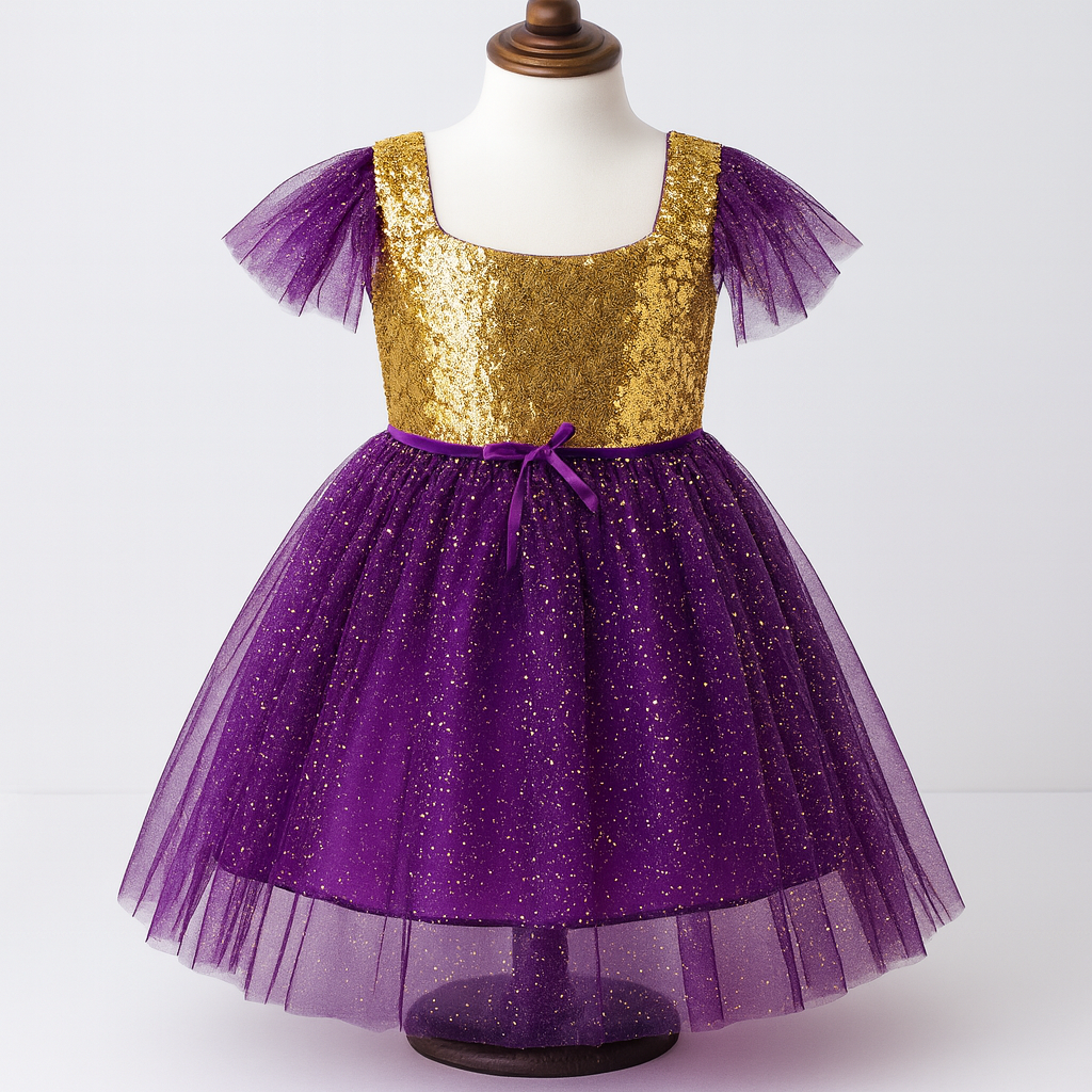 Purple Gold Sequin Tulle Flower Dress