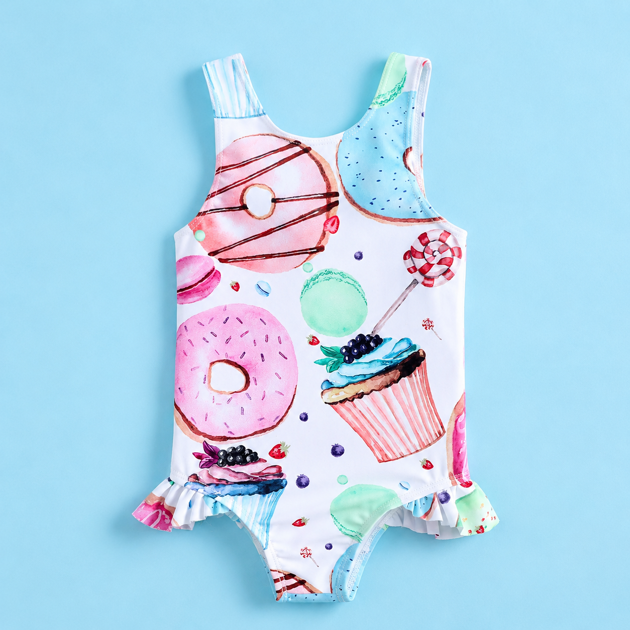 Sweet Treat Print One-Piece Girl Swimsuit with Ruffle Hem