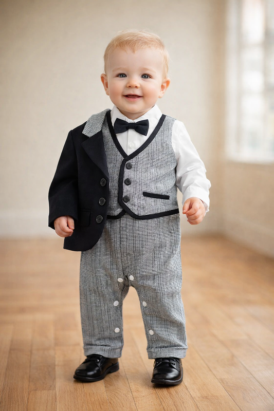 Houndstooth 3D Bowtie Baby Tuxedo Jacket & Romper