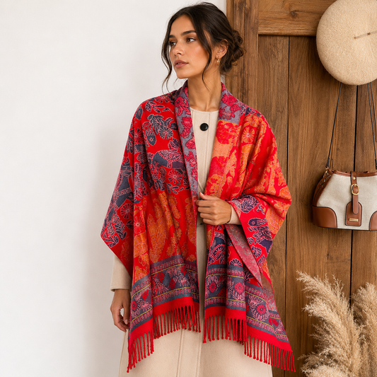Red Boho Paisley Jacquard Cashmere-Feel Shawl Wrap