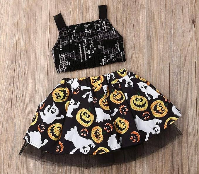 Sequin Black Baby Crop Top and Spooky Boo Tulle Skirt 2pcs