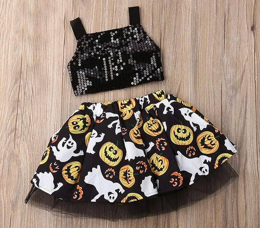 Sequin Black Baby Crop Top and Spooky Boo Tulle Skirt 2pcs