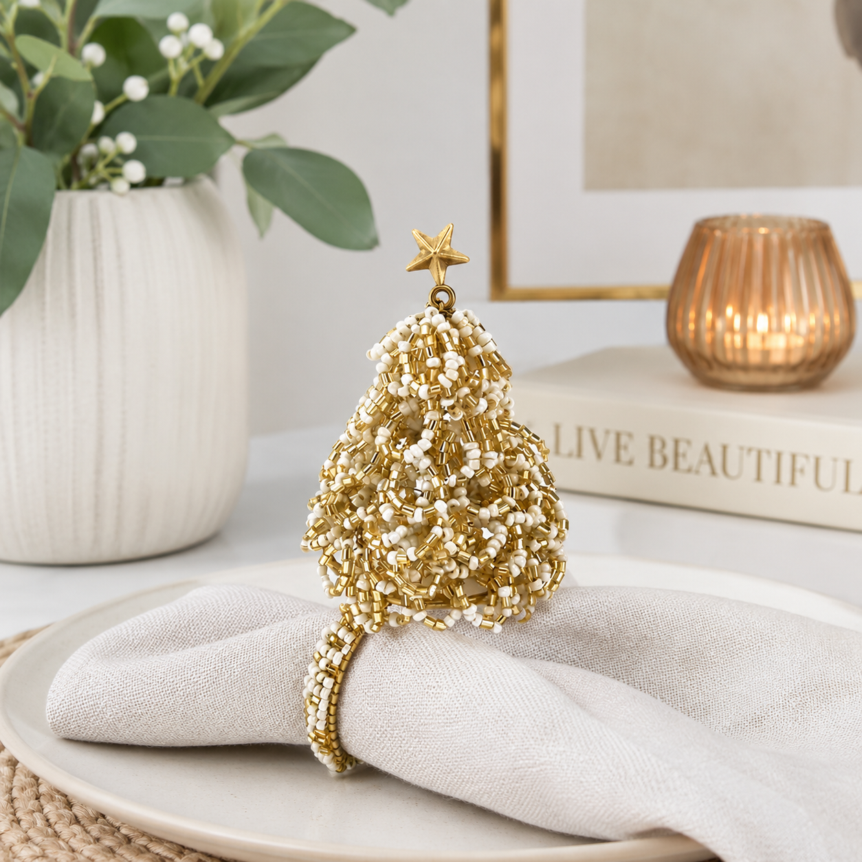 Beaded Gold Christmas Tree Napkin Ring