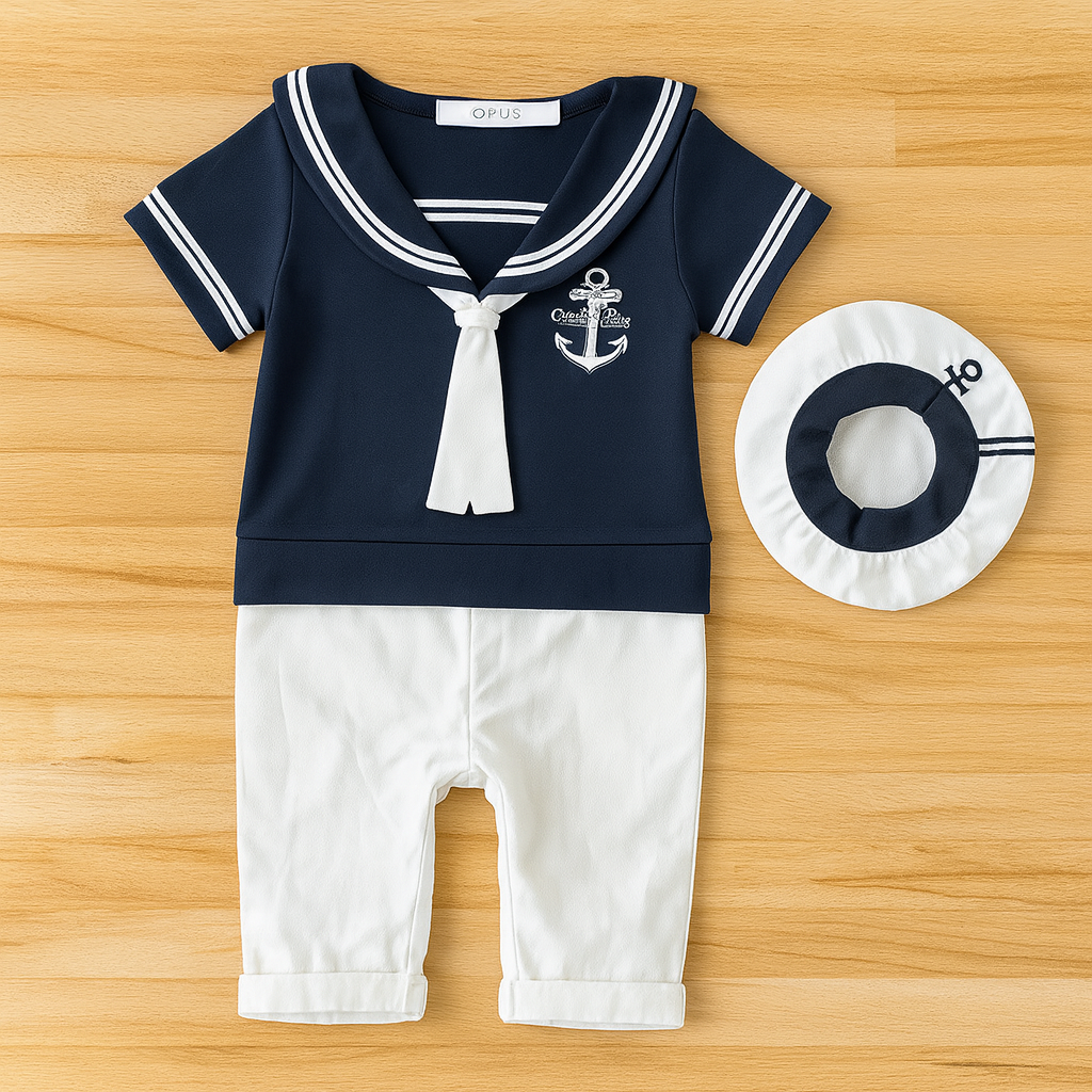 Navy Sailor Cotton Baby Romper & Hat