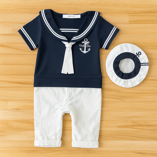 Navy Sailor Cotton Baby Romper & Hat