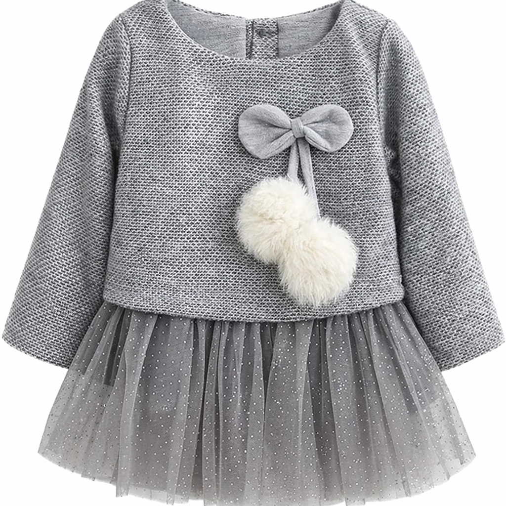 Gray Pom-Pom Baby Girl Tulle Skirt Dress