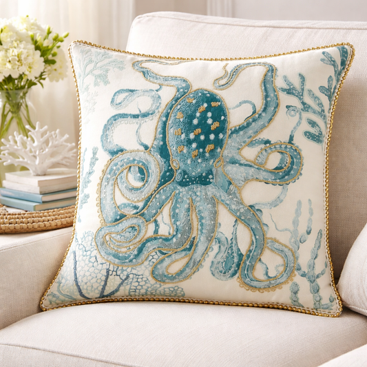 7120 -  Aqua Octopus Ivory Cotton 20" Throw Pillow