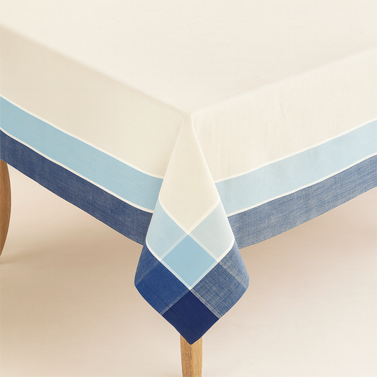 012 - Azure Blue Stripe Border Cotton 72" Square Tablecloth