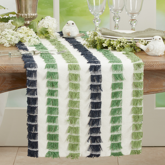 378 - Green Striped 16"X72" Cotton Table Runner