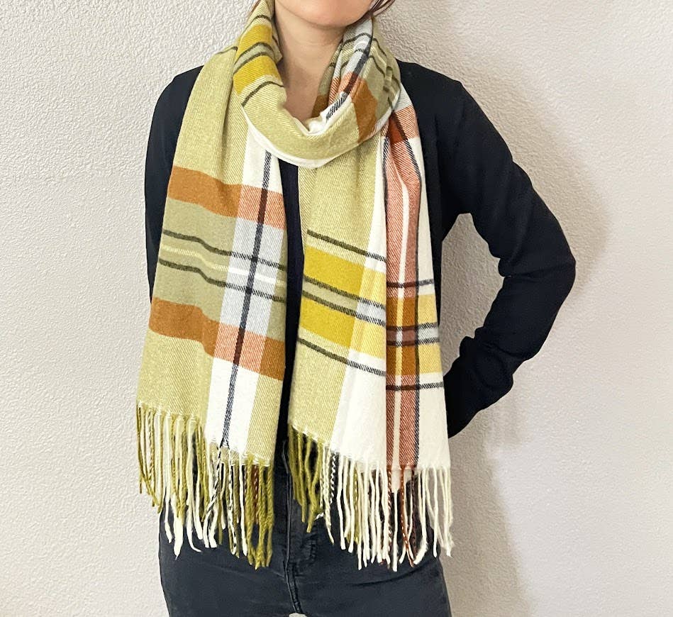 Yellow-Green Plaid Fringe Cashmere Ultra Soft Scarf