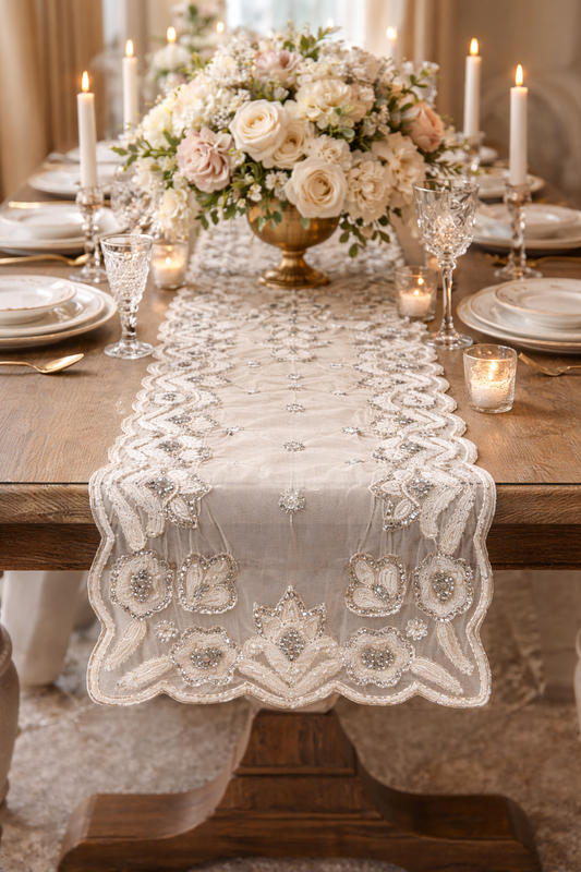 Silver Hand Beaded Design Table Runner - 16"x72"